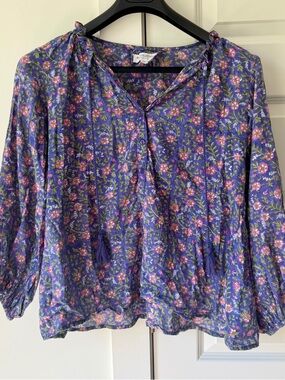 Emerson Frye Purple Floral Tie-Neck Peasant Top